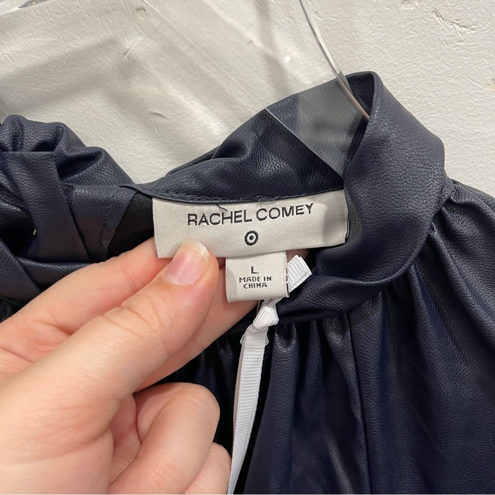 Rachel Comey x Target Navy Blue Faux Leather Blouse Button Back Tie Neck Large - Picture 7 of 13